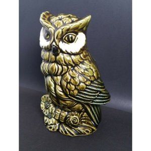 Mid Century Green Ceramic Horned Owl Planter